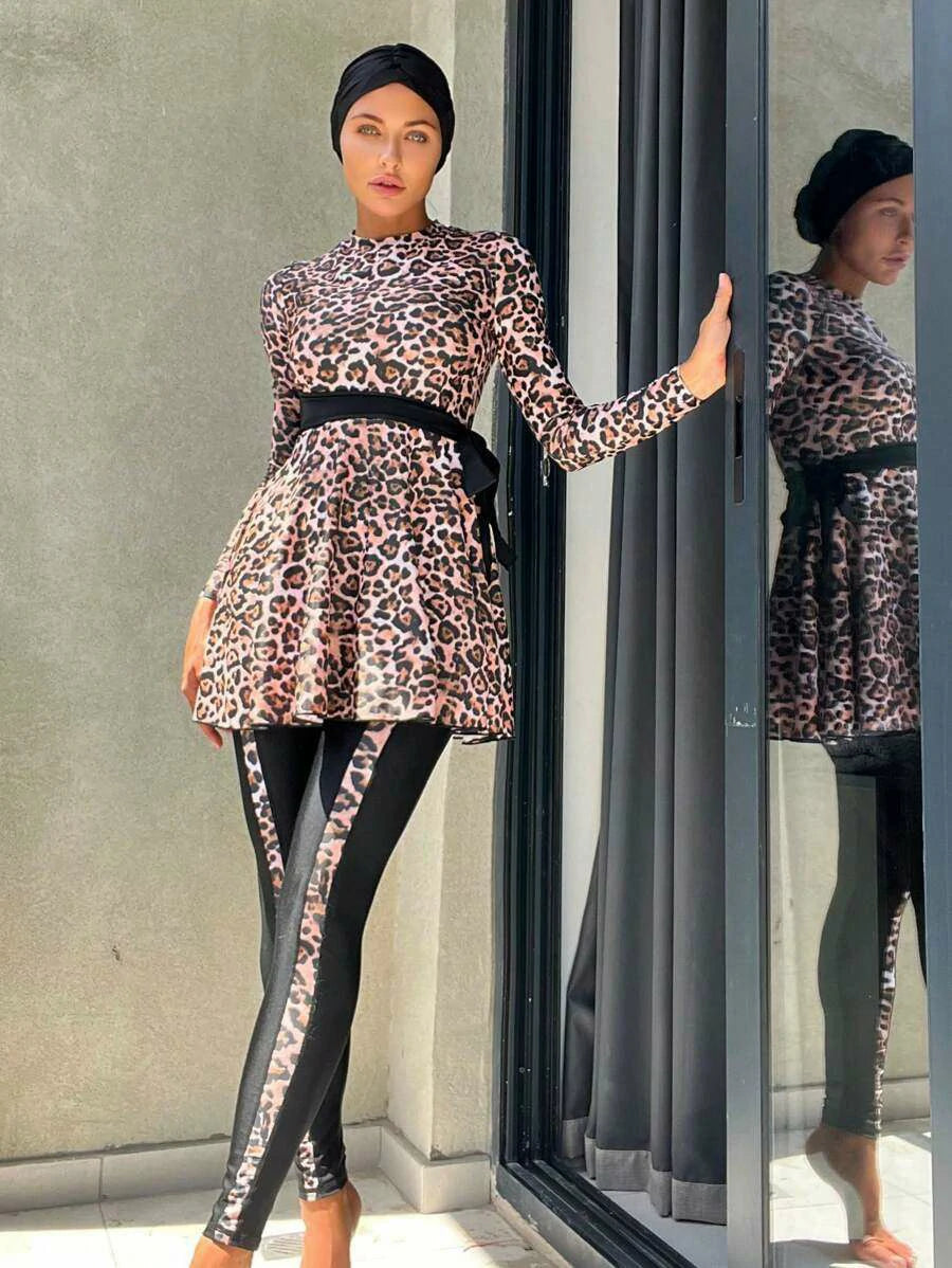 Shein - Leopard Print Long Sleeve Swim Shirt & Leggings Full Body Bikini Swimsuit With Cap