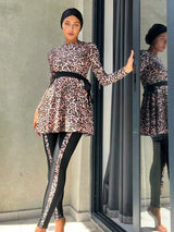 Shein - Leopard Print Long Sleeve Swim Shirt & Leggings Full Body Bikini Swimsuit With Cap