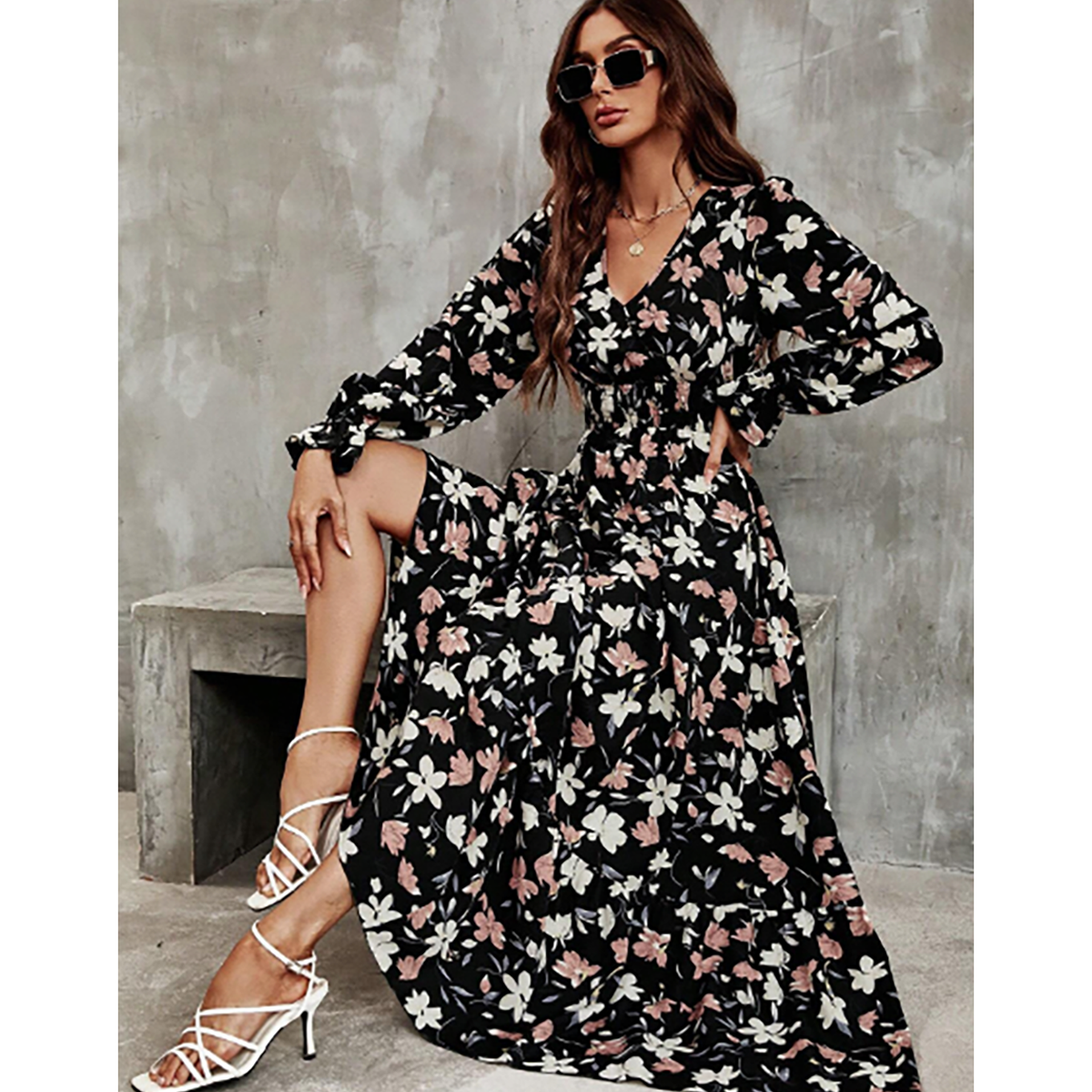 R-Shein - Women's maxi dress with ruffled sleeves, floral print and ruffled halo