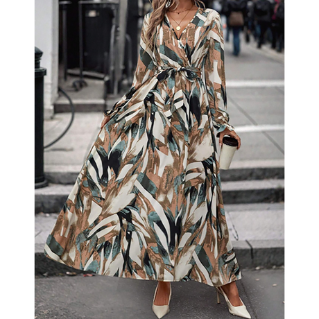 R-Shein - Women's maxi dress with super collar and belt in all over print