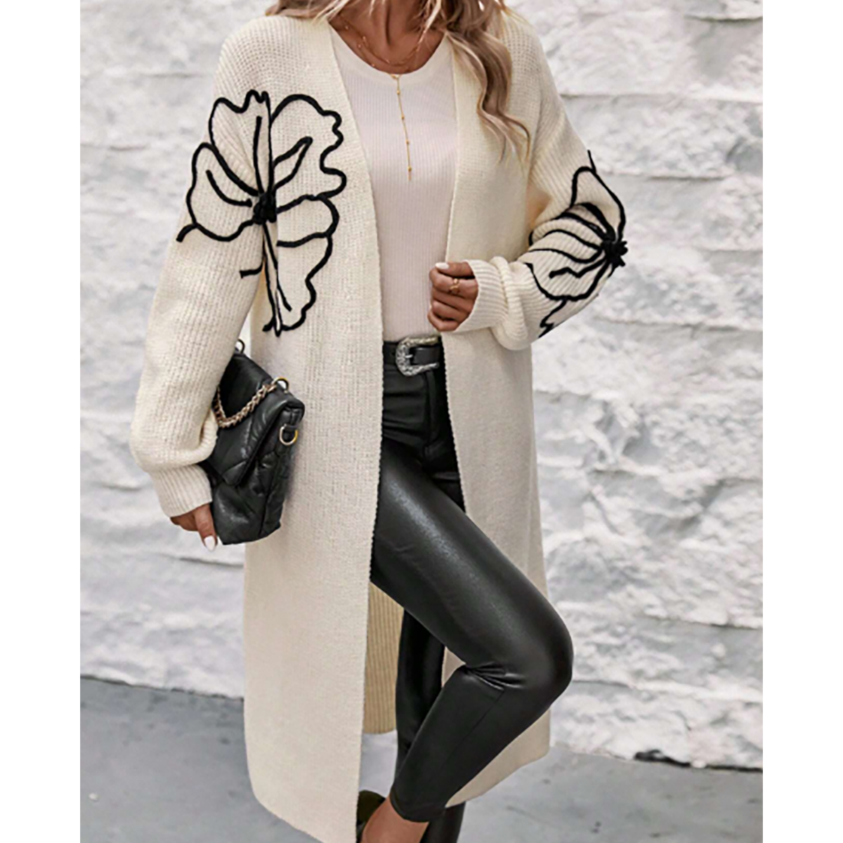 R-Shein - R-Shein Essnce Feminine Floral Pattern Long Sweater Cardigan with Off Shoulder, Women Casual Loose Multicolor Floral Pattern Sweaters for Late Autumn, Casual Daily Wear, Long Sleeve Tops