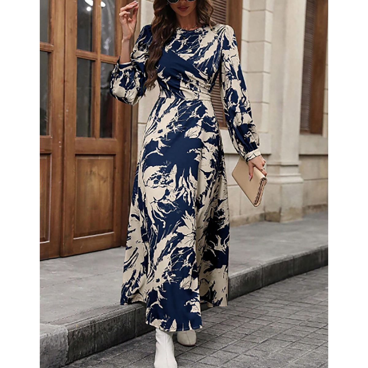 R-Shein - Elegant maxi dress for women, long sleeves and floral prints, decorated with pleats