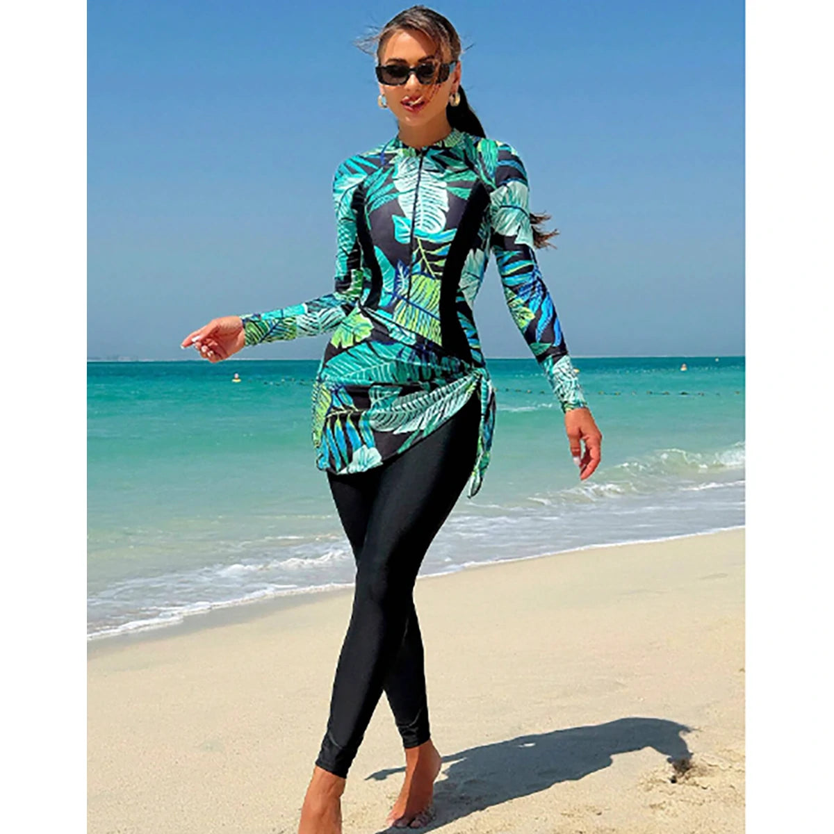 Shein - Mulvari Women's Long Sleeve Burkini Set Contrast Floral Design Summer Beach Cover Up Skirt