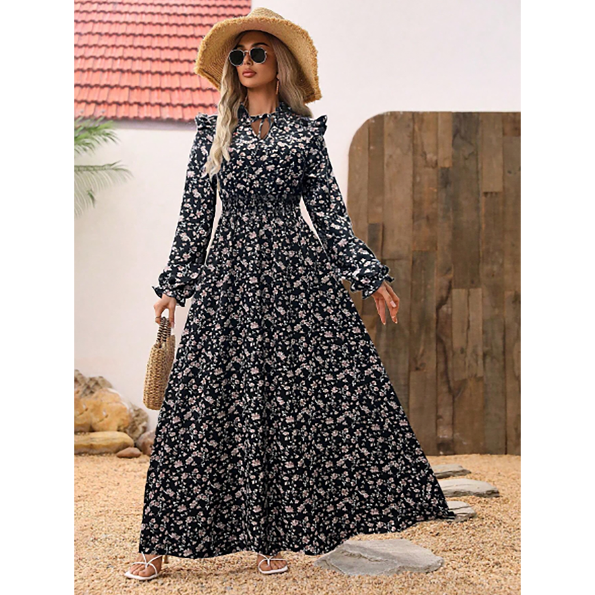 R-Shein -  LUNE Women's Floral Print Vacation Dress, Lantern Sleeves, Attractive Waist, Tie String Addition, Casual Maxi Length Style