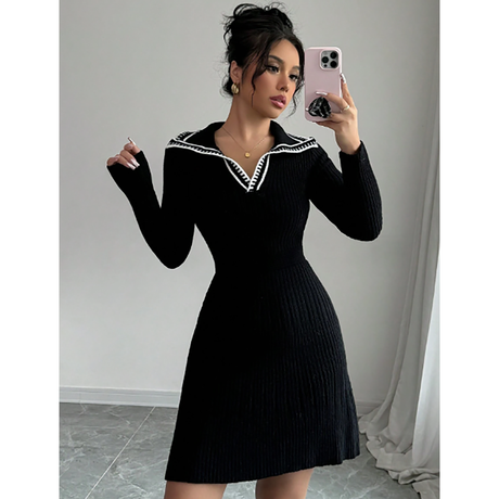 R-Shein - Elenzga Women's Casual Low Neck Contrast Zipper Belt Waist A Line Sweater Dress