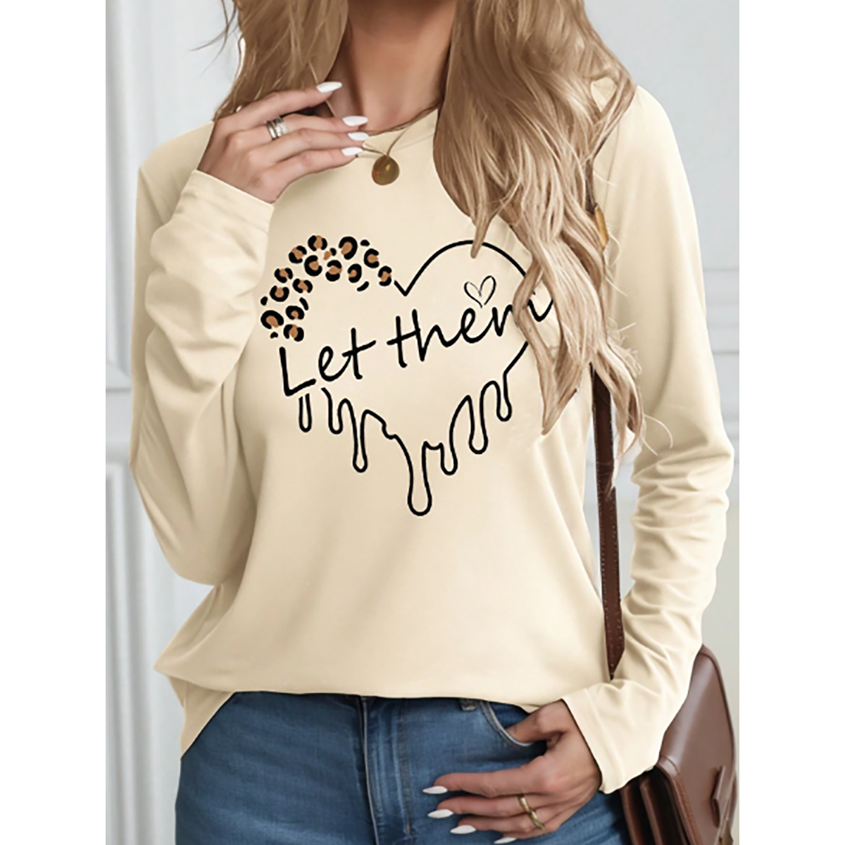 R-Shein -  LUNE Women's Long Sleeve Slim T-Shirt, Heart and Leopard Print Casual Shirts for Spring and Autumn, Graphic Prints on Women's Shirts for Spring Looks