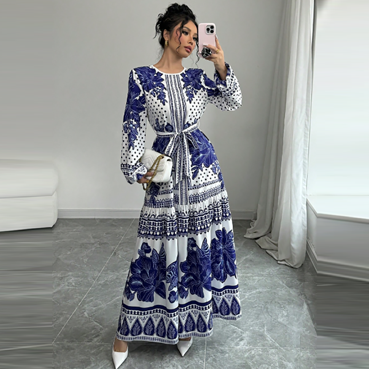 R-Shein - Women's A-Line maxi dress with tied waist in classic prints, a great looking maxi dress