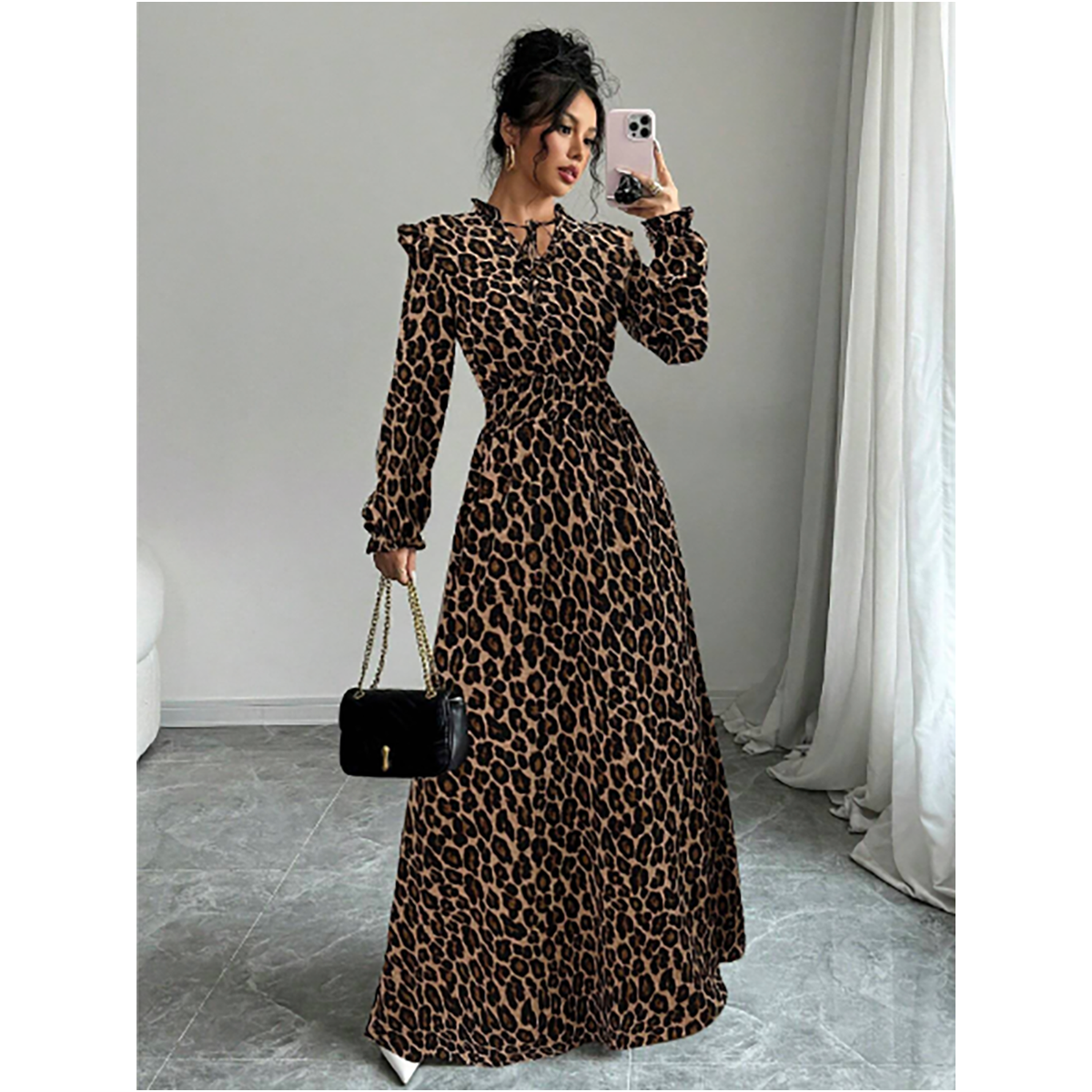 R-Shein - Elenzga Female Elegant Long Sleeve Bow Neck Leopard Print Flutter Trim Dress, Designed for Women's Transitional Season